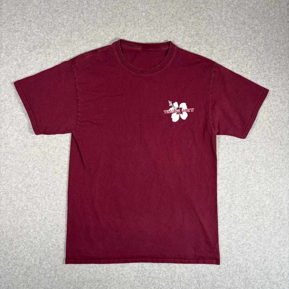 Trader Joe's T-Shirt Mens Medium? Burgundy Hibiscus Flower Graphic Crew Neck Tee